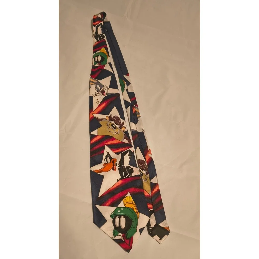 Vintage 1995 Looney Tunes Mania Necktie Bugs Bunny Daffy Duck Taz Stars‎ Stripes